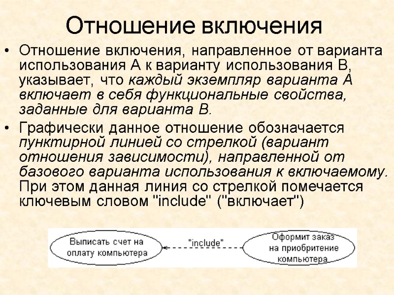 Отношение включения Отношение включения, направленное от варианта использования А к варианту использования В, указывает,